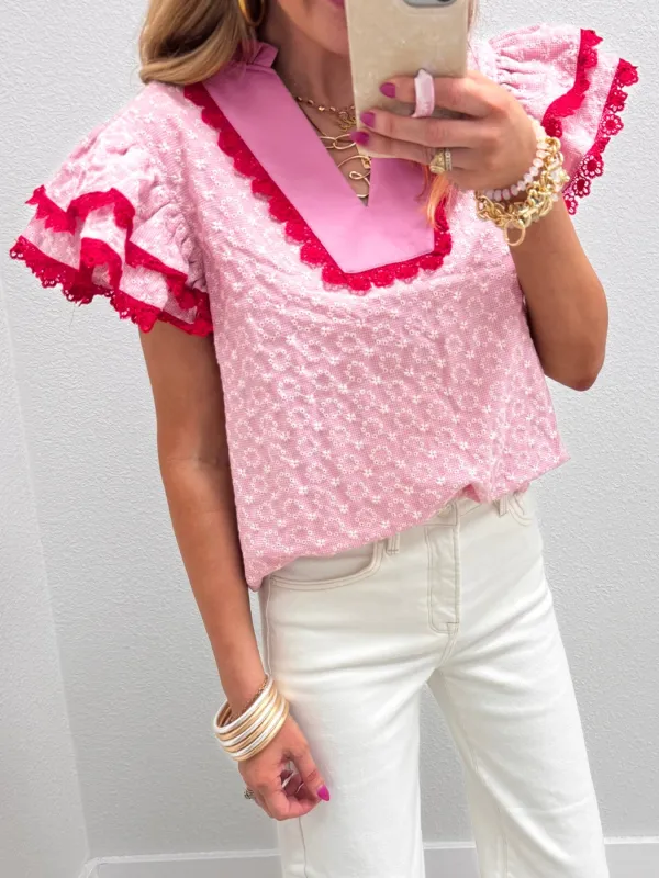 Eyelet Embroidered Flower Texture Contrast Lace Trim Flutter Sleeve Blouse made by Trendsi