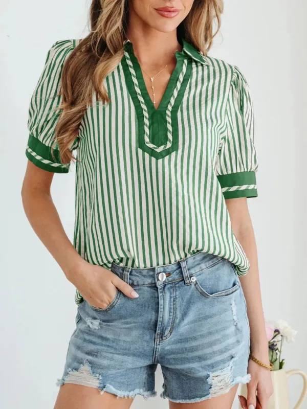 Stripe Collared Split Neck Short Bubble Sleeve Blouse made by Trendsi