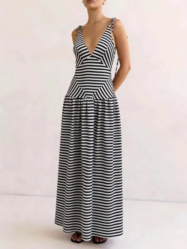 Striped V-Neck Tie-Shoulder Maxi Dress made by Trendsi
