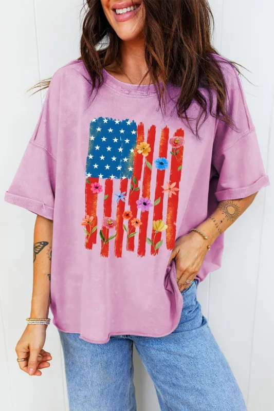 Floral American Flag Printed Raw Edge Cotton Tee made by Trendsi