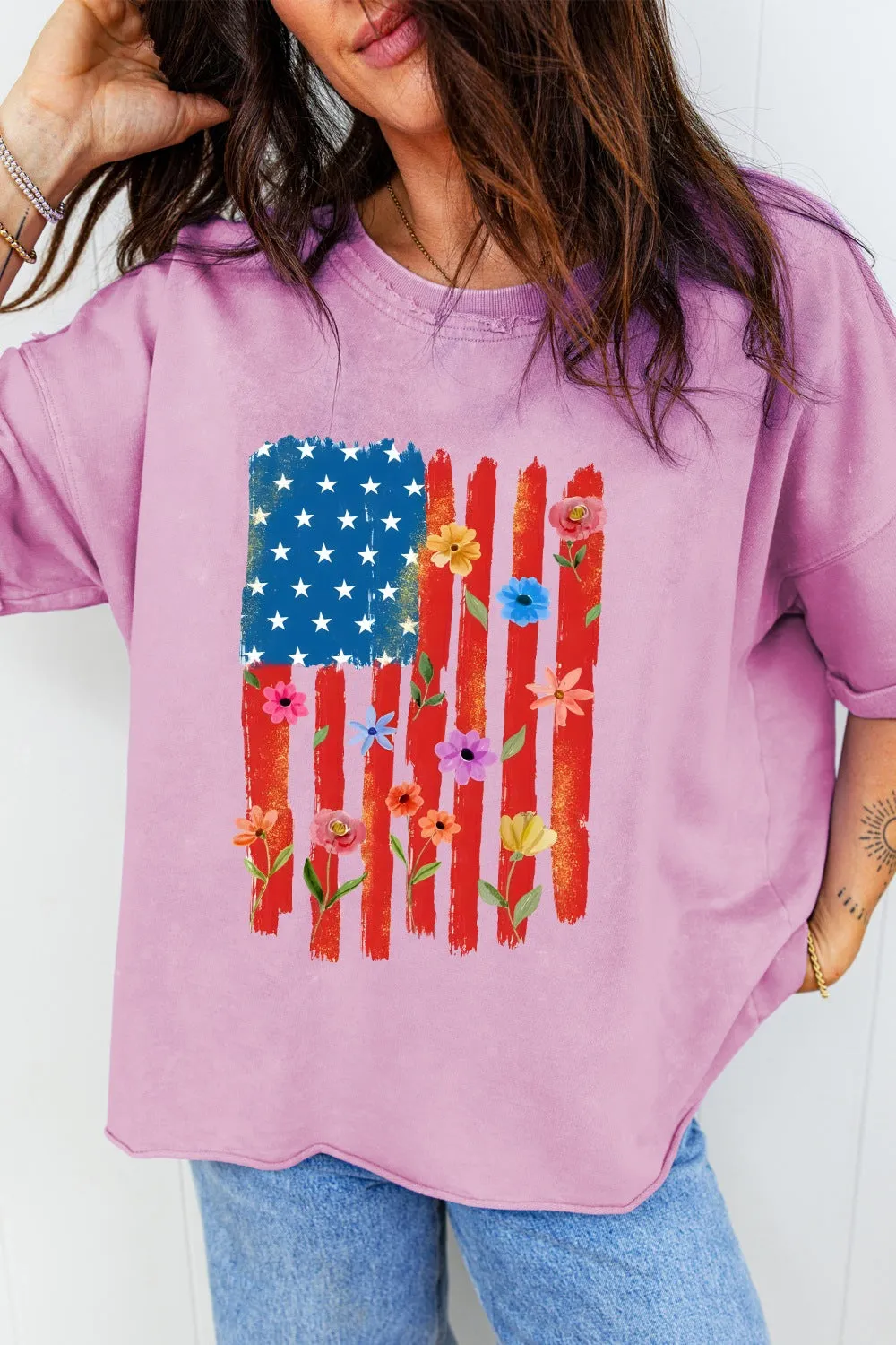 Floral American Flag Printed Raw Edge Cotton Tee sold by Charming Charlie product image thumbnail 3