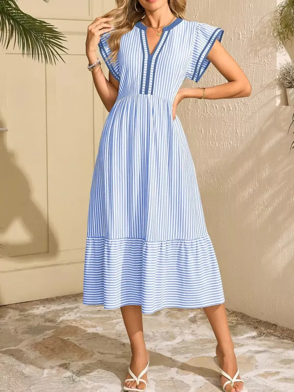Striped Notched Ruffle Sleeve Dress made by Trendsi