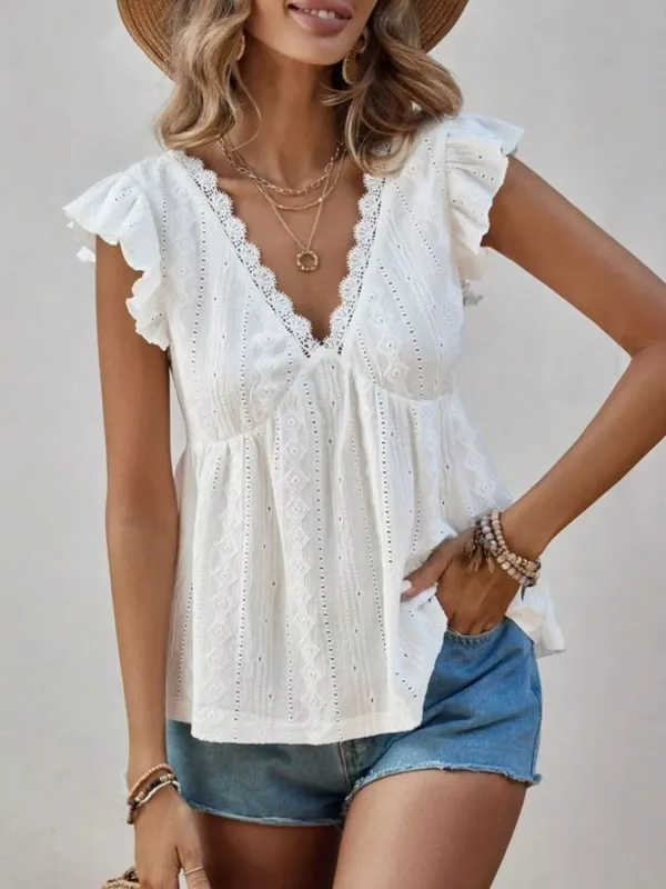 Ruffle Sleeve V-Neck Blouse made by Trendsi