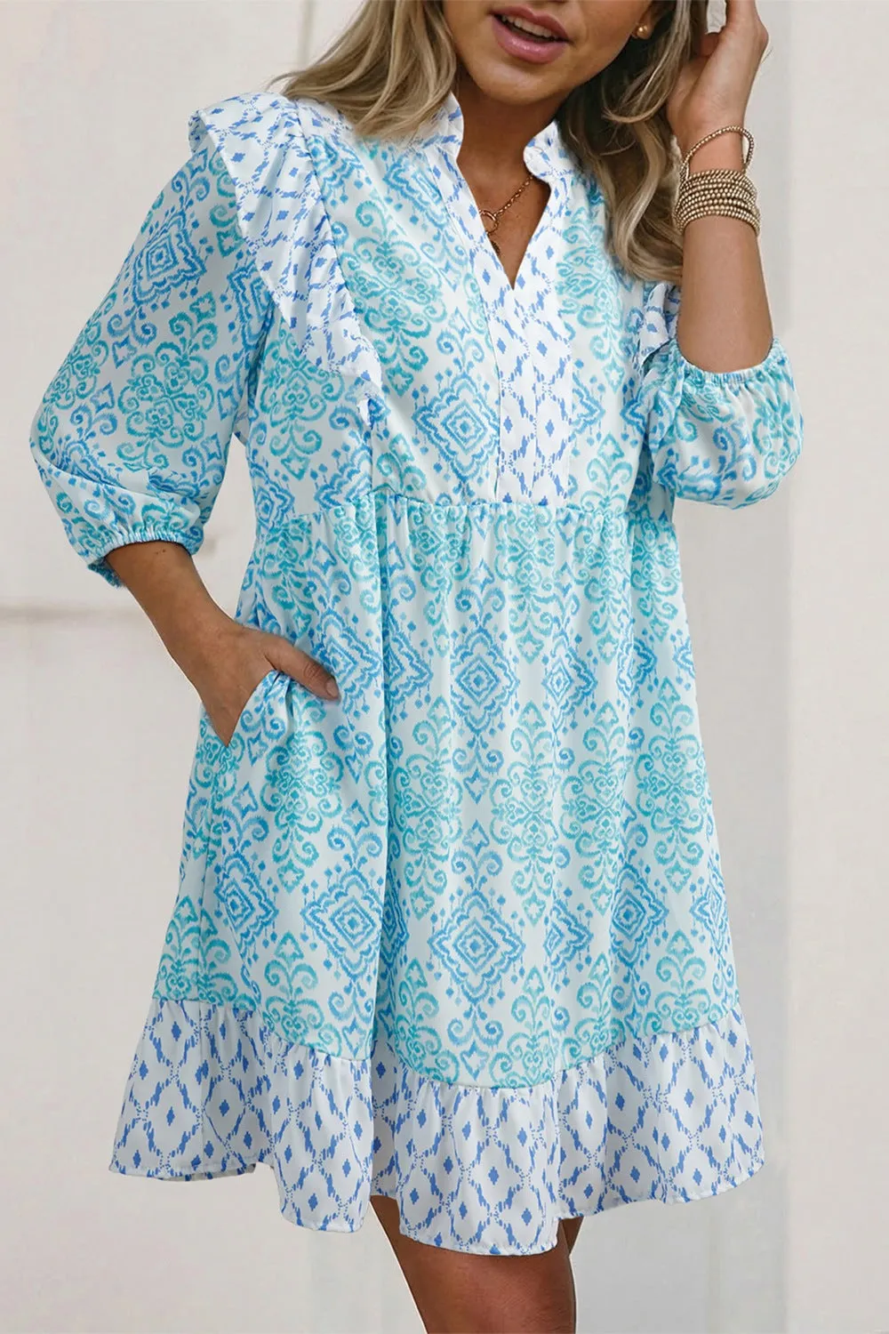 Floral Geometric Patchwork Ruffle Detail Puff Sleeve Mini Dress sold by Charming Charlie product image thumbnail 3