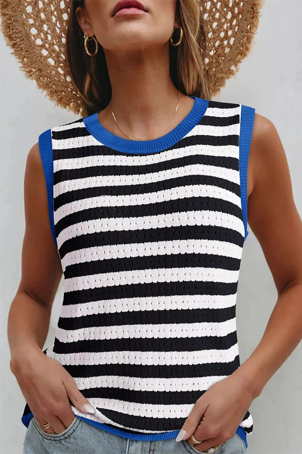 Stripe Pointelle Knit Contrast Trim Sleeveless Sweater Top sold by Charming Charlie product image thumbnail 5