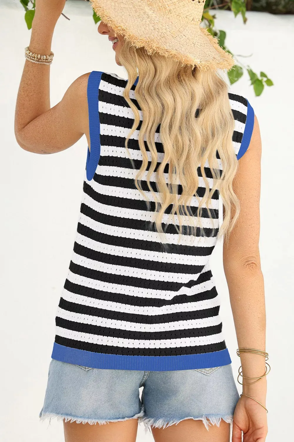 Stripe Pointelle Knit Contrast Trim Sleeveless Sweater Top sold by Charming Charlie product image thumbnail 3