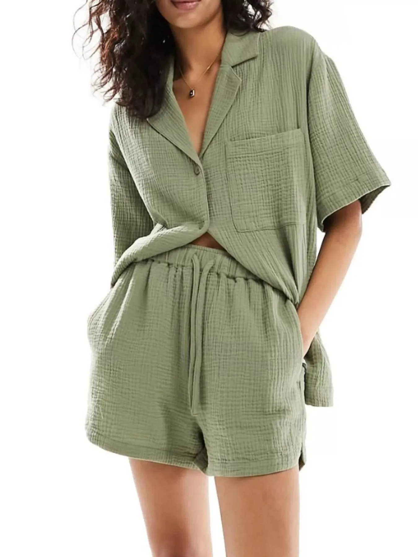 Relaxed Fit Button Up Shirt & Shorts Set sold by Charming Charlie product image thumbnail 3