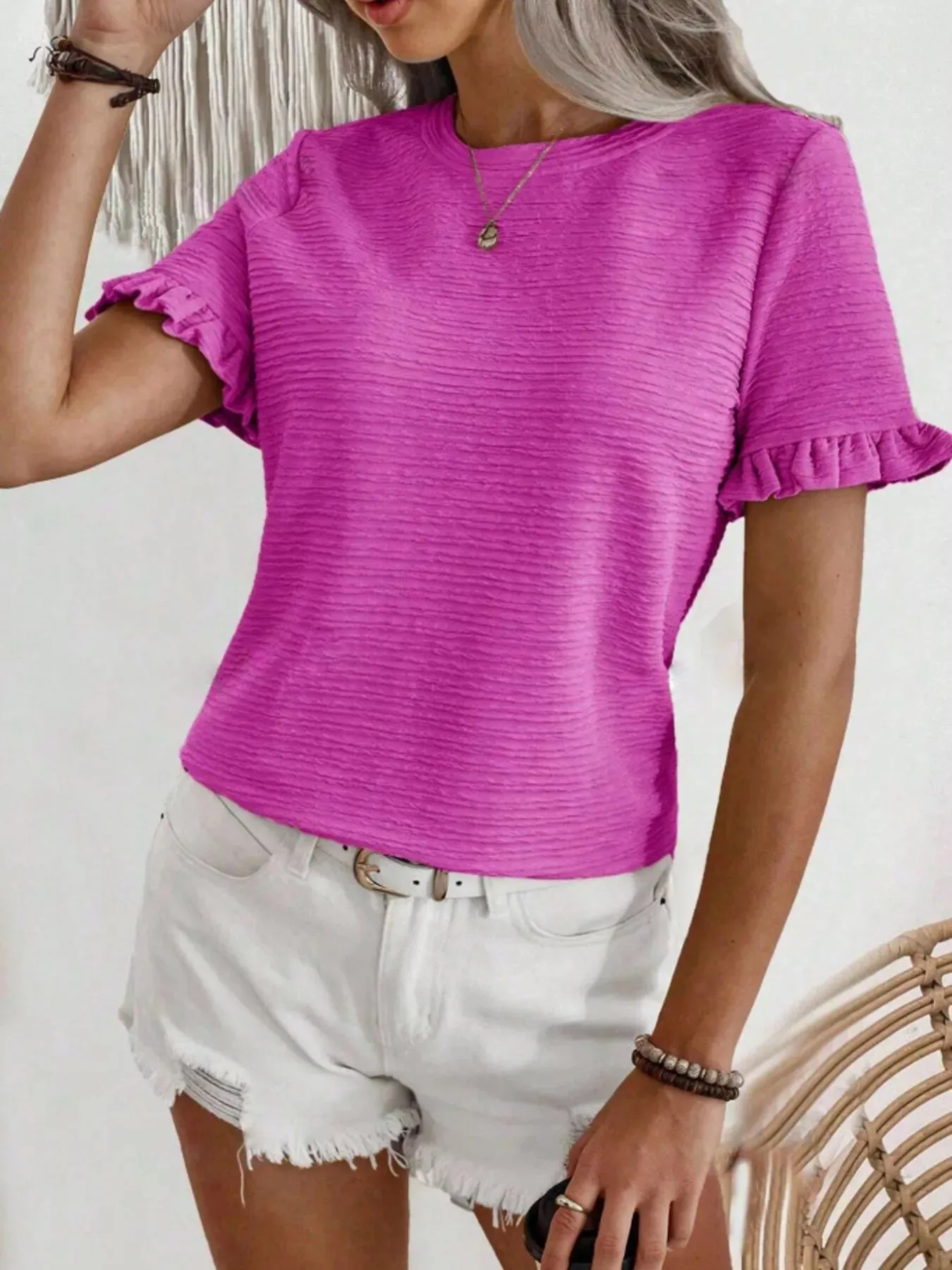 Textured Ruffle Sleeve Round Neck T-Shirt sold by Charming Charlie product image thumbnail 4