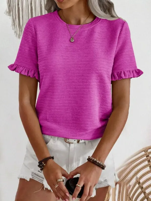 Textured Ruffle Sleeve Round Neck T-Shirt made by Trendsi