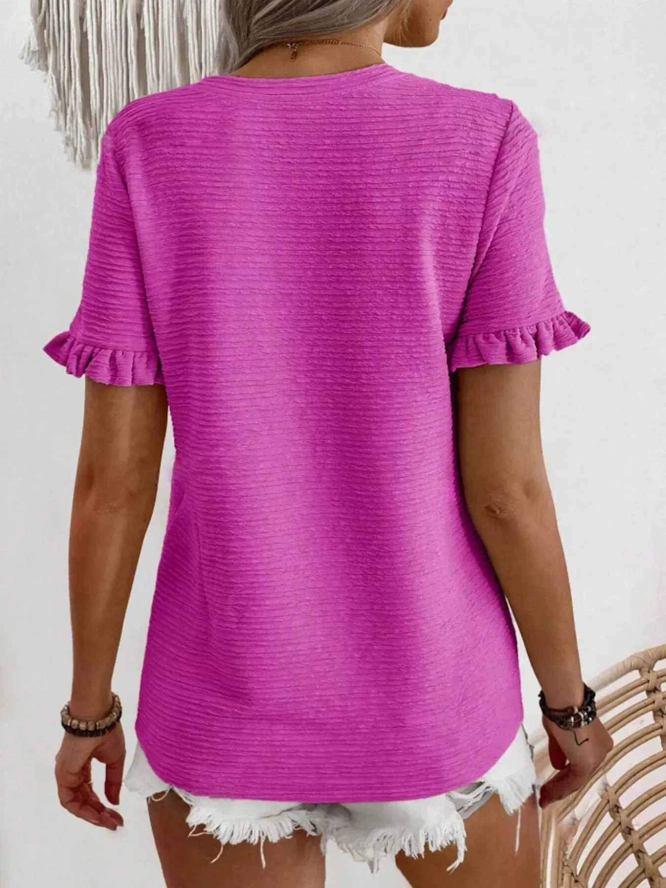 Textured Ruffle Sleeve Round Neck T-Shirt sold by Charming Charlie product image thumbnail 5