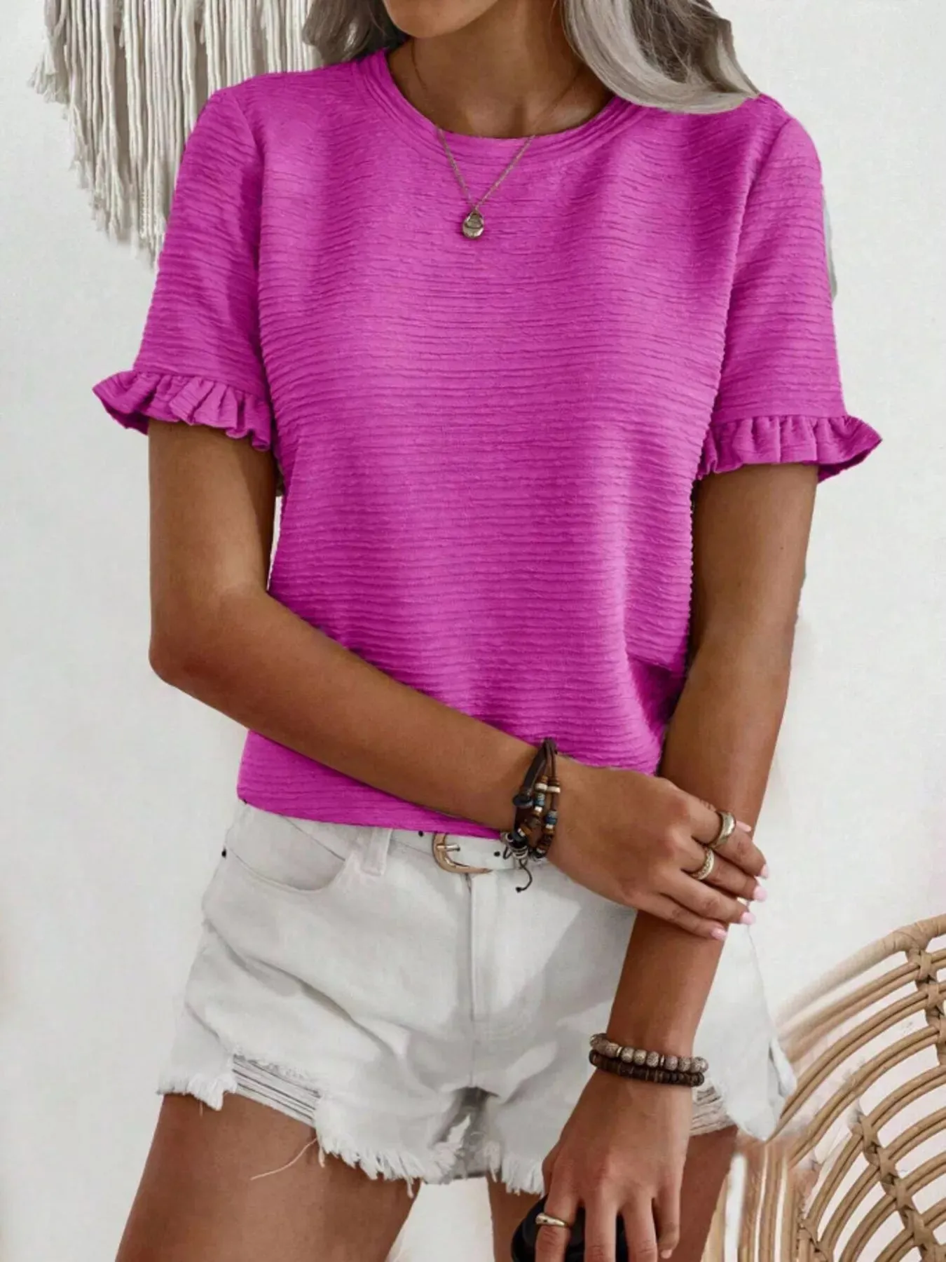 Textured Ruffle Sleeve Round Neck T-Shirt sold by Charming Charlie product image thumbnail 2