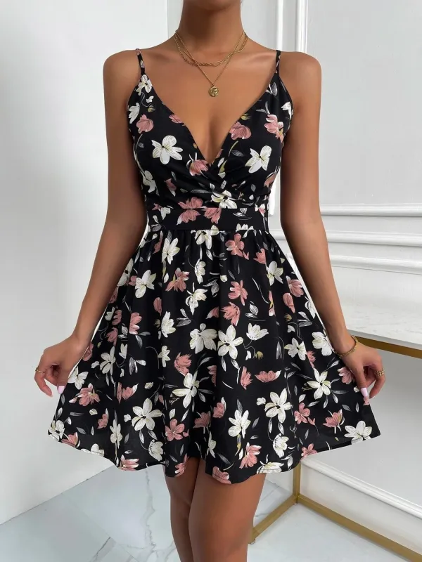 Floral Print V-Neck Spaghetti Strap Mini Dress made by Trendsi