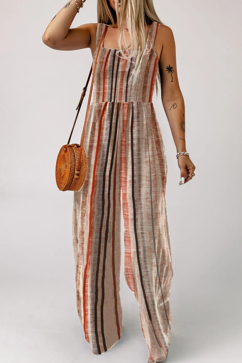 Stripe Square Neck Sleeveless Smocked Bodice Wide Leg Jumpsuit sold by Charming Charlie product image thumbnail 5
