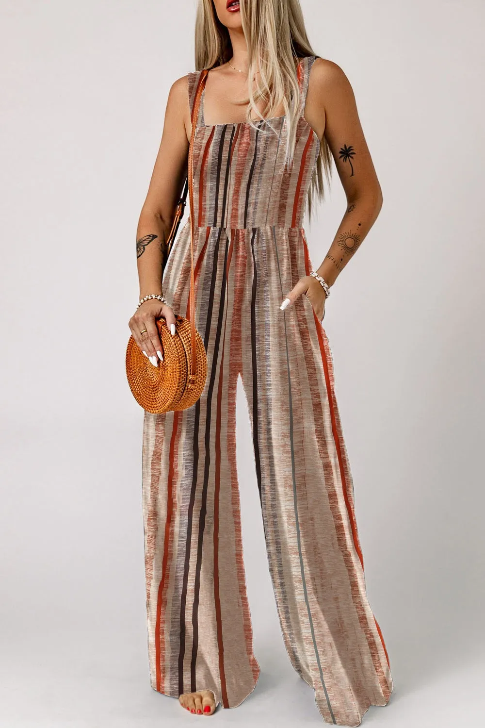 Stripe Square Neck Sleeveless Smocked Bodice Wide Leg Jumpsuit sold by Charming Charlie product image thumbnail 2