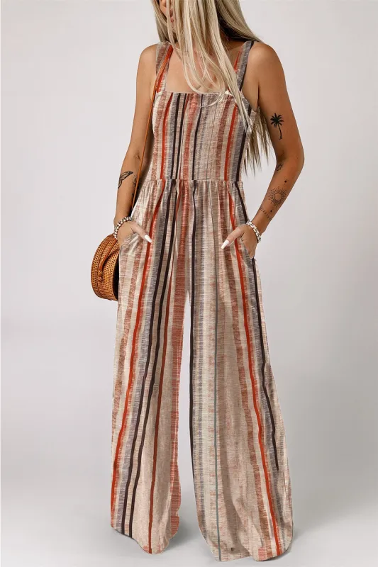 Stripe Square Neck Sleeveless Smocked Bodice Wide Leg Jumpsuit made by Trendsi