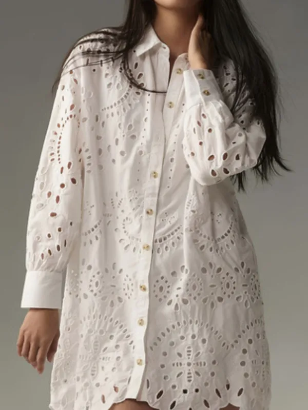 Eyelet Button Up Longline Shirt made by Trendsi