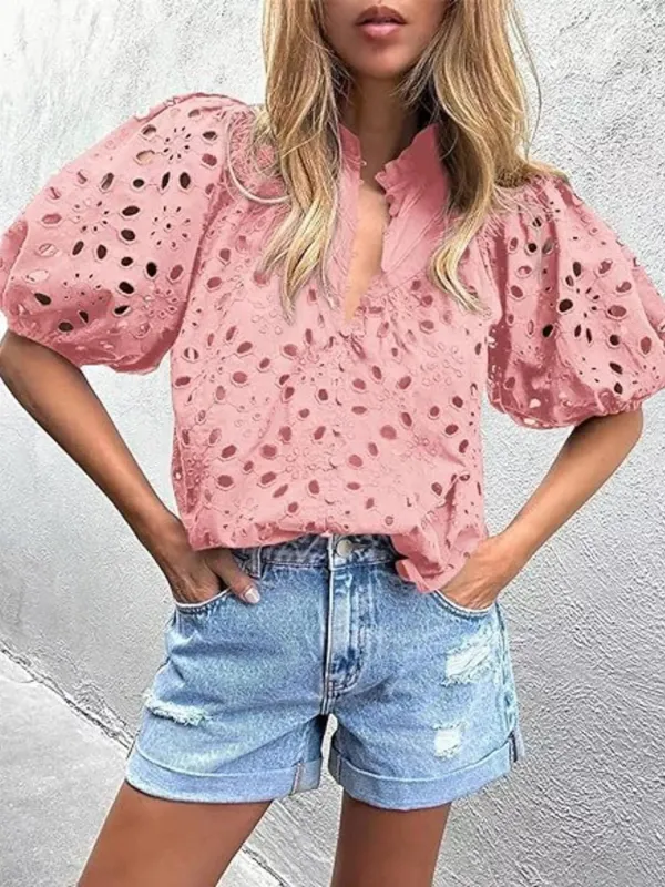Eyelet Embroidered Puff Sleeve Blouse made by Trendsi