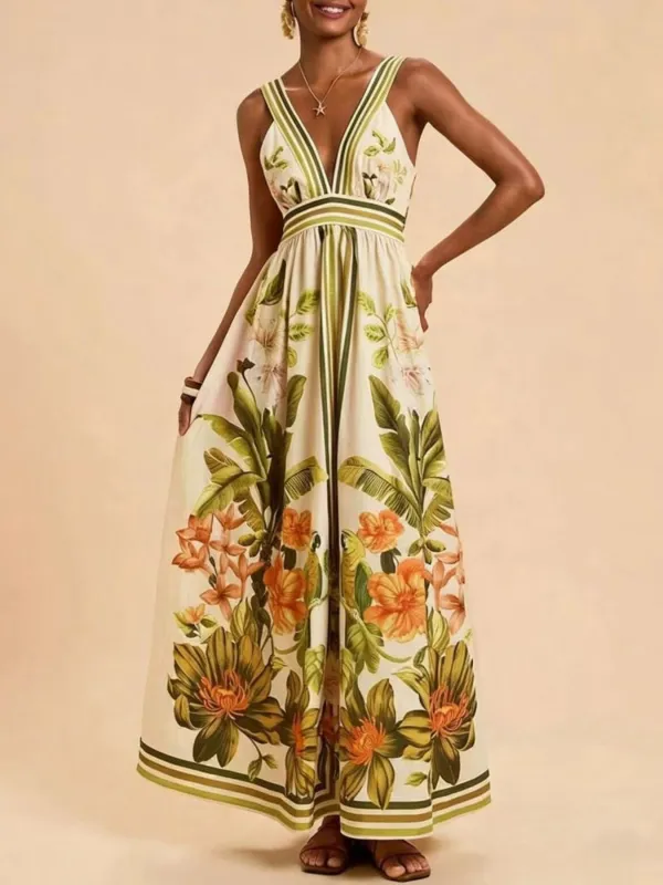 Tropical Print V-Neck Maxi Dress made by Trendsi