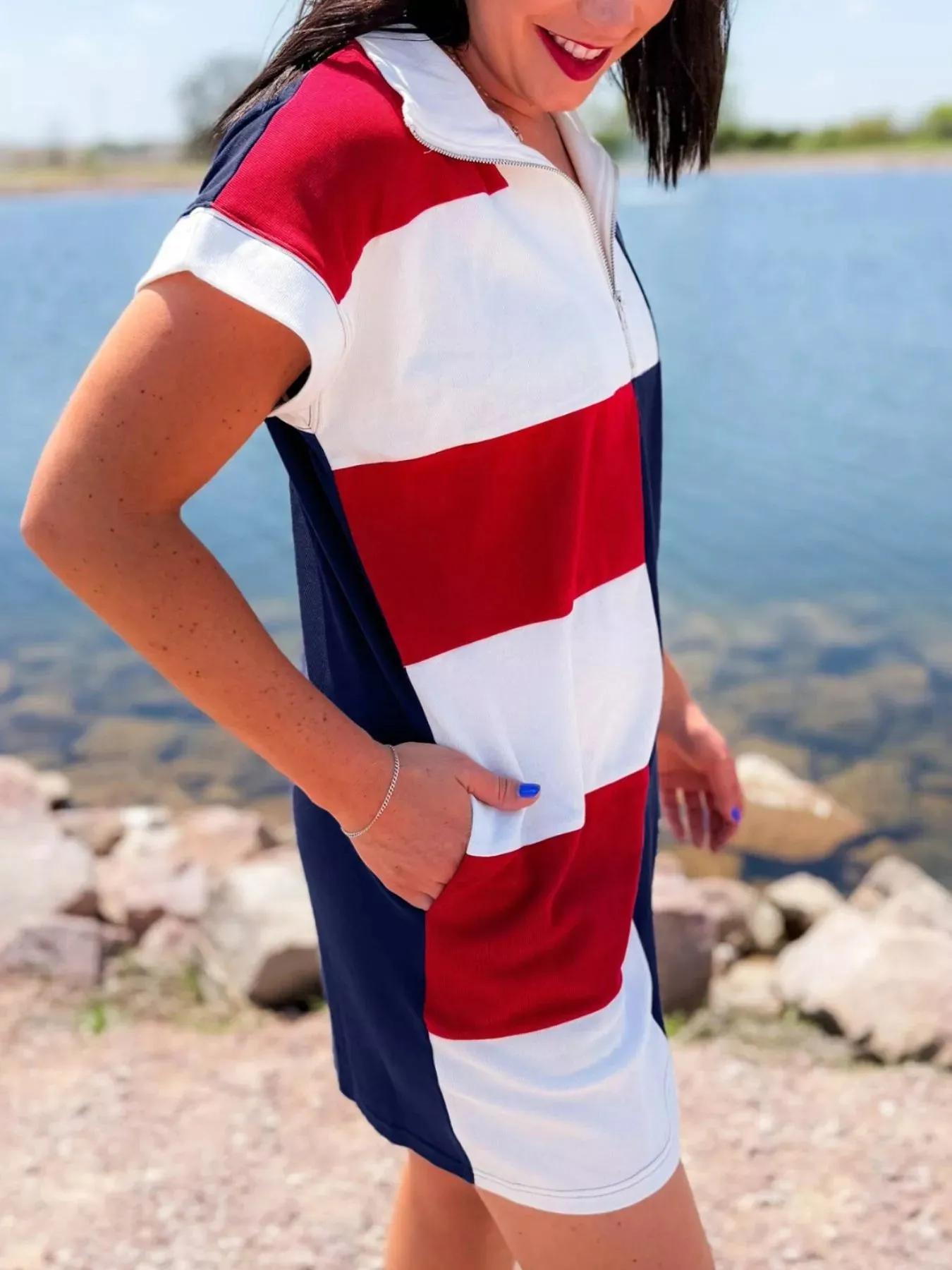 Americana Colorblock Stripes Zip up Collared T Shirt Mini Dress sold by Charming Charlie product image thumbnail 4