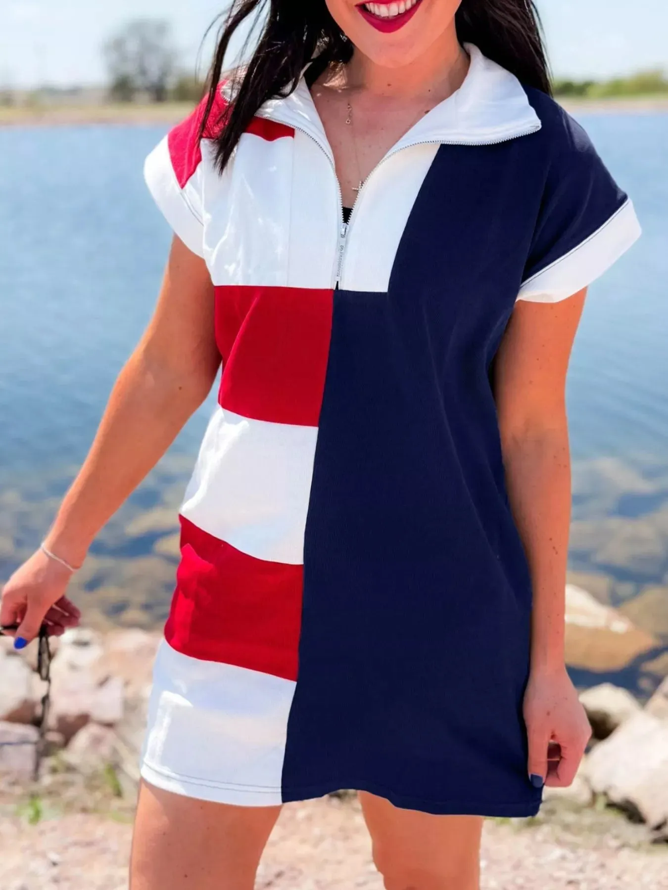 Americana Colorblock Stripes Zip up Collared T Shirt Mini Dress sold by Charming Charlie