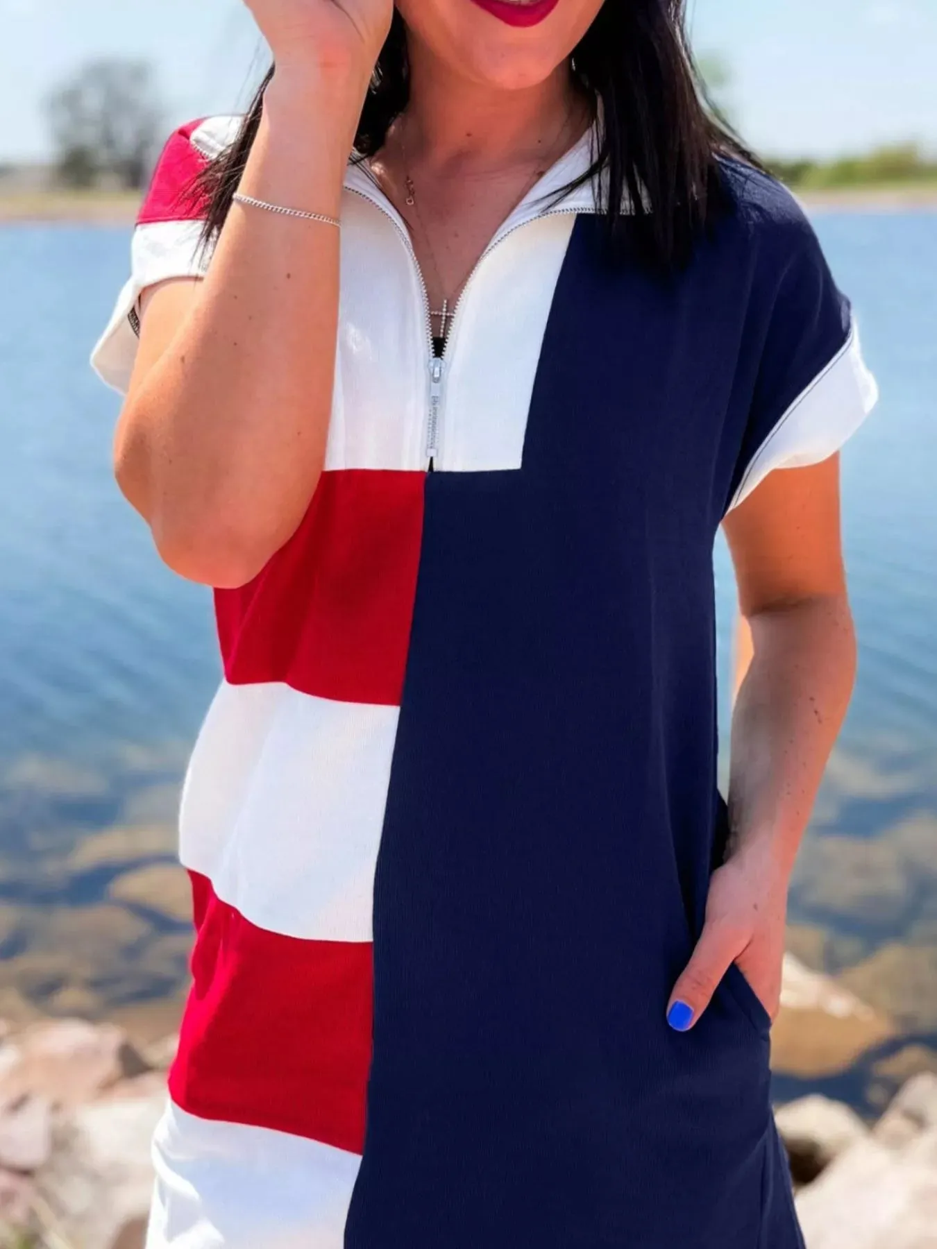 Americana Colorblock Stripes Zip up Collared T Shirt Mini Dress sold by Charming Charlie product image thumbnail 2