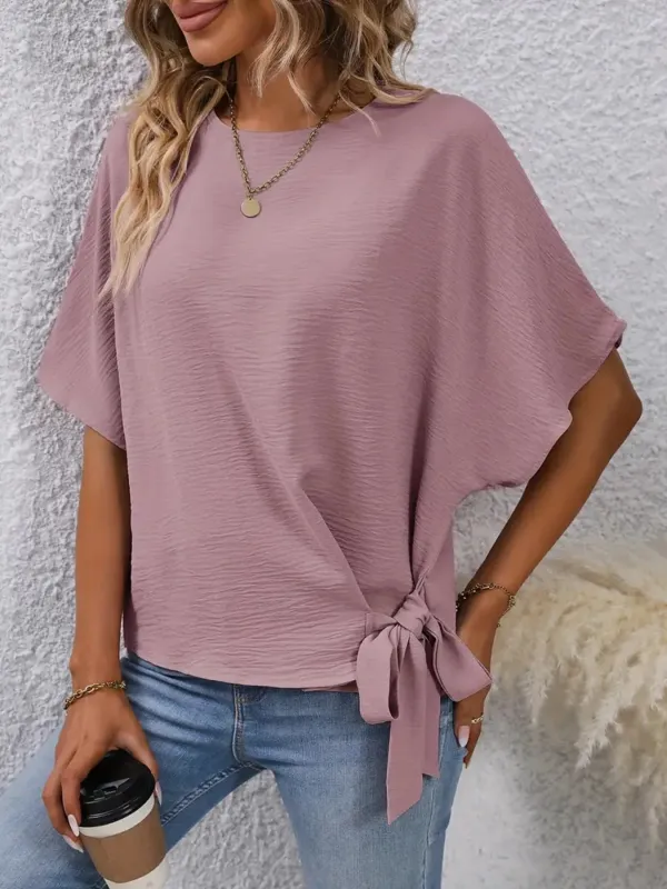 Tied Round Neck Half Sleeve Blouse made by Trendsi