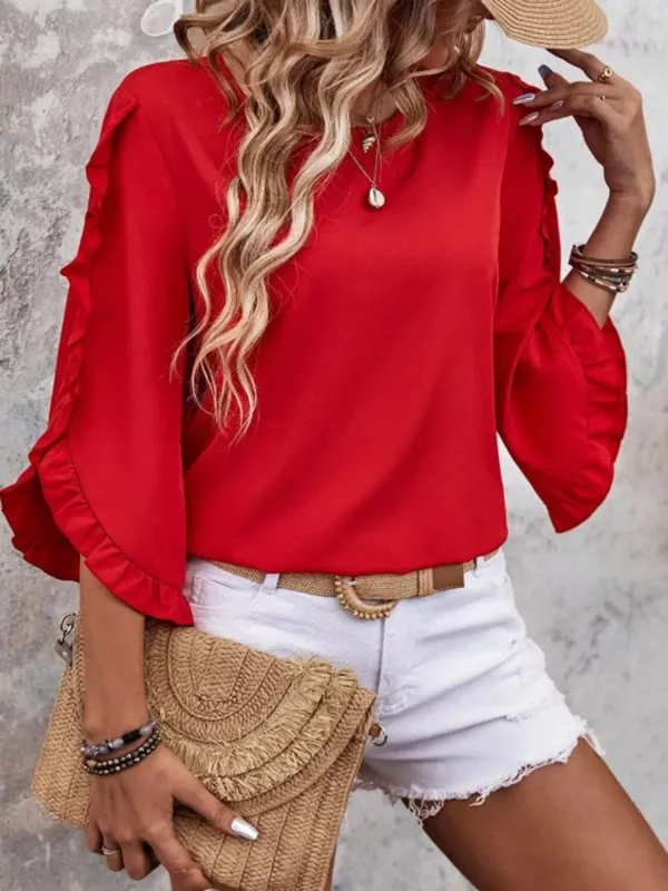 Ruffle Sleeve Solid Color Blouse made by Trendsi