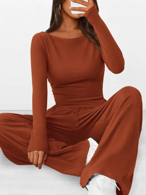 Round Neck Long Sleeve Top and Pants Set made by Trendsi