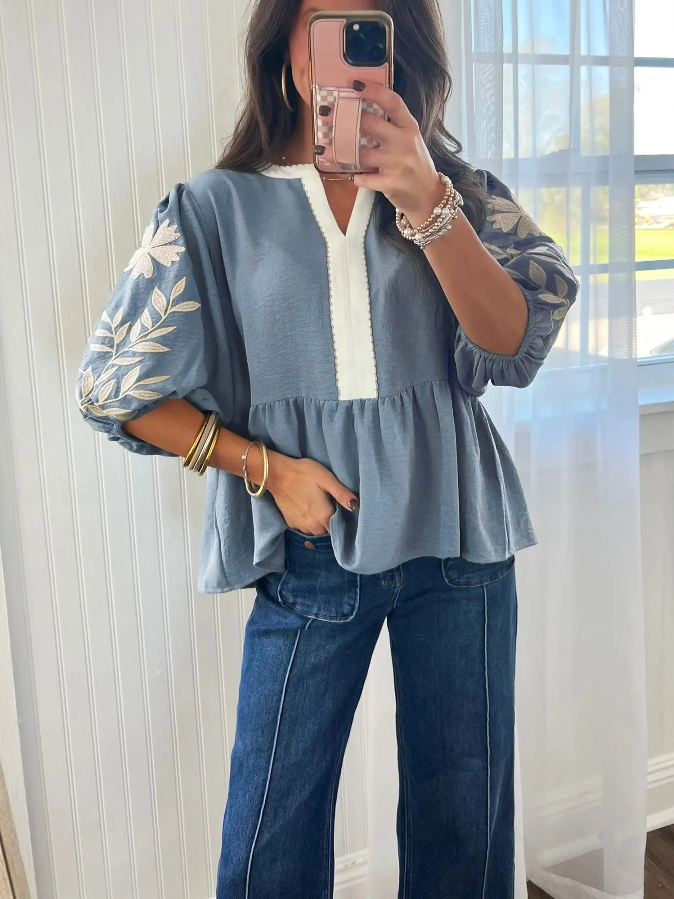 Embroidered Sleeve Peplum Blouse sold by Charming Charlie product image thumbnail 2