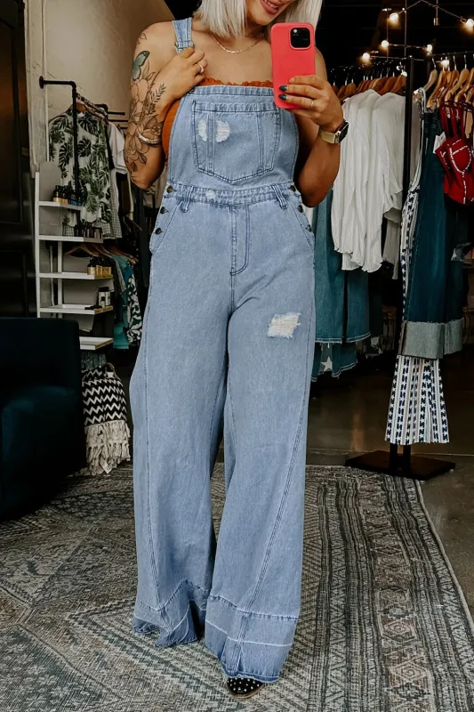 Distressed Wide Leg Denim Overalls made by Trendsi