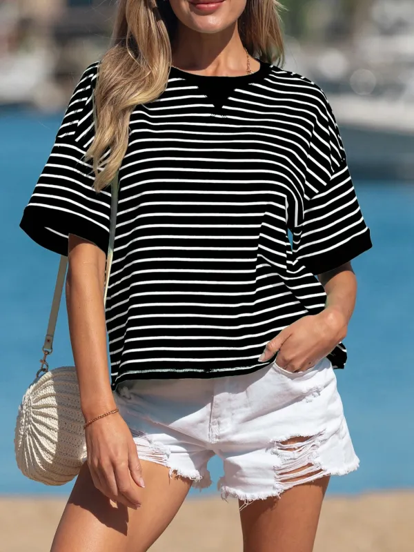 Stripe Ribbed Patchwork Seam Detail Half Sleeve Tee made by Trendsi