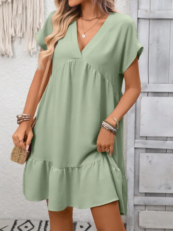 Casual V-Neck Ruffle Hem Mini Dress made by Trendsi