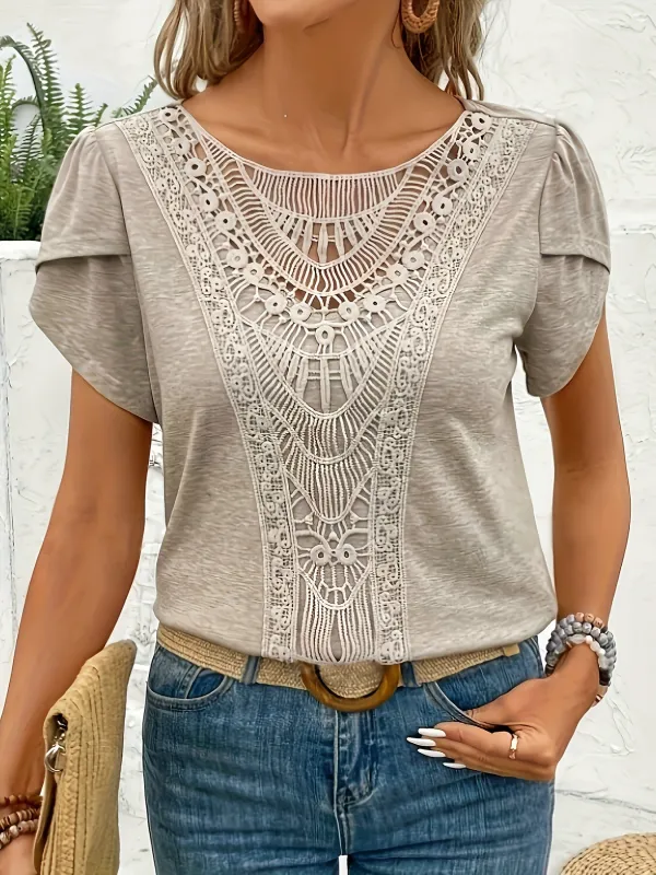 Lace Trimmed Petal Sleeve Casual Top made by Trendsi