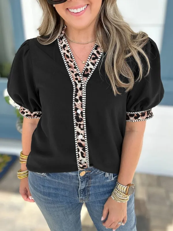 Leopard Trim Puff Sleeve Blouse made by Trendsi