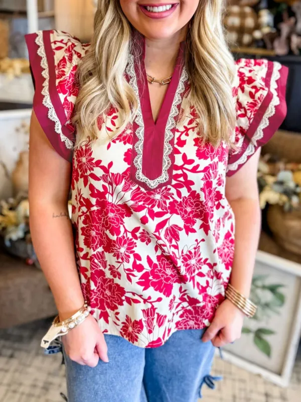 Floral Print Color Block Trim Lace Detail V Neck Flutter Sleeve Blouse made by Trendsi