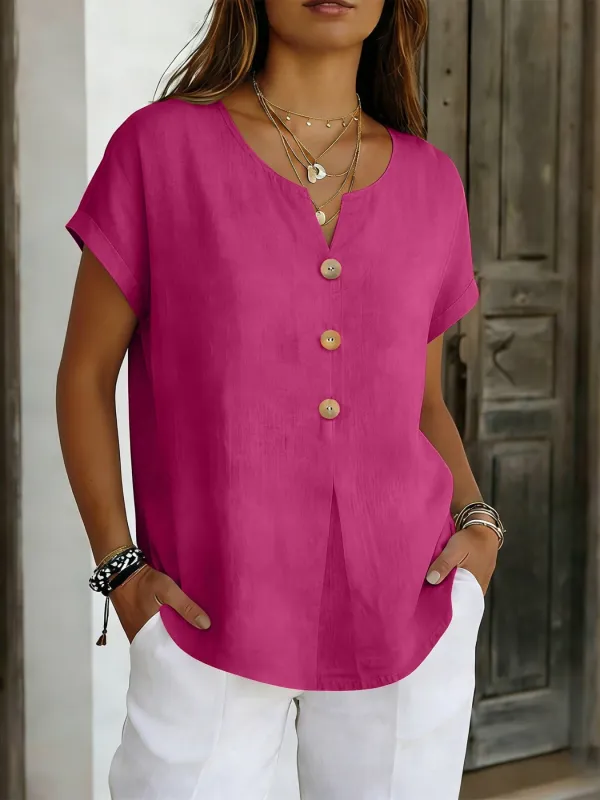 Decor Button Short Sleeve Blouse made by Trendsi