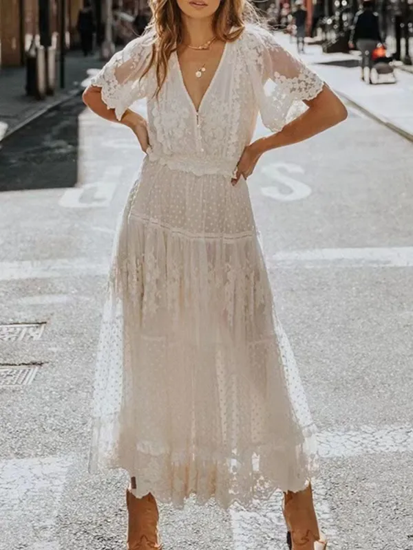 Full Size Lace Bohemian Short Sleeve Maxi Dress Plus Size made by Trendsi