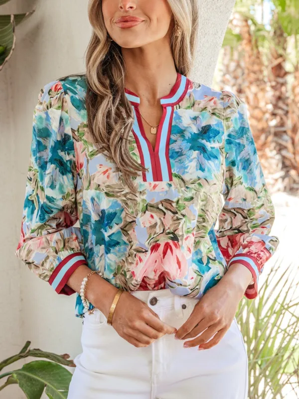 Contrast Trim V Neck Cuffed Bracelet Sleeve Floral Blouse made by Trendsi