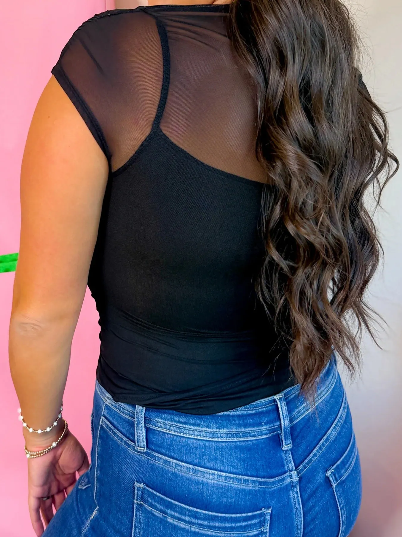 Sheer Mesh Patchwork Cap Sleeve T Shirt sold by Charming Charlie product image thumbnail 2