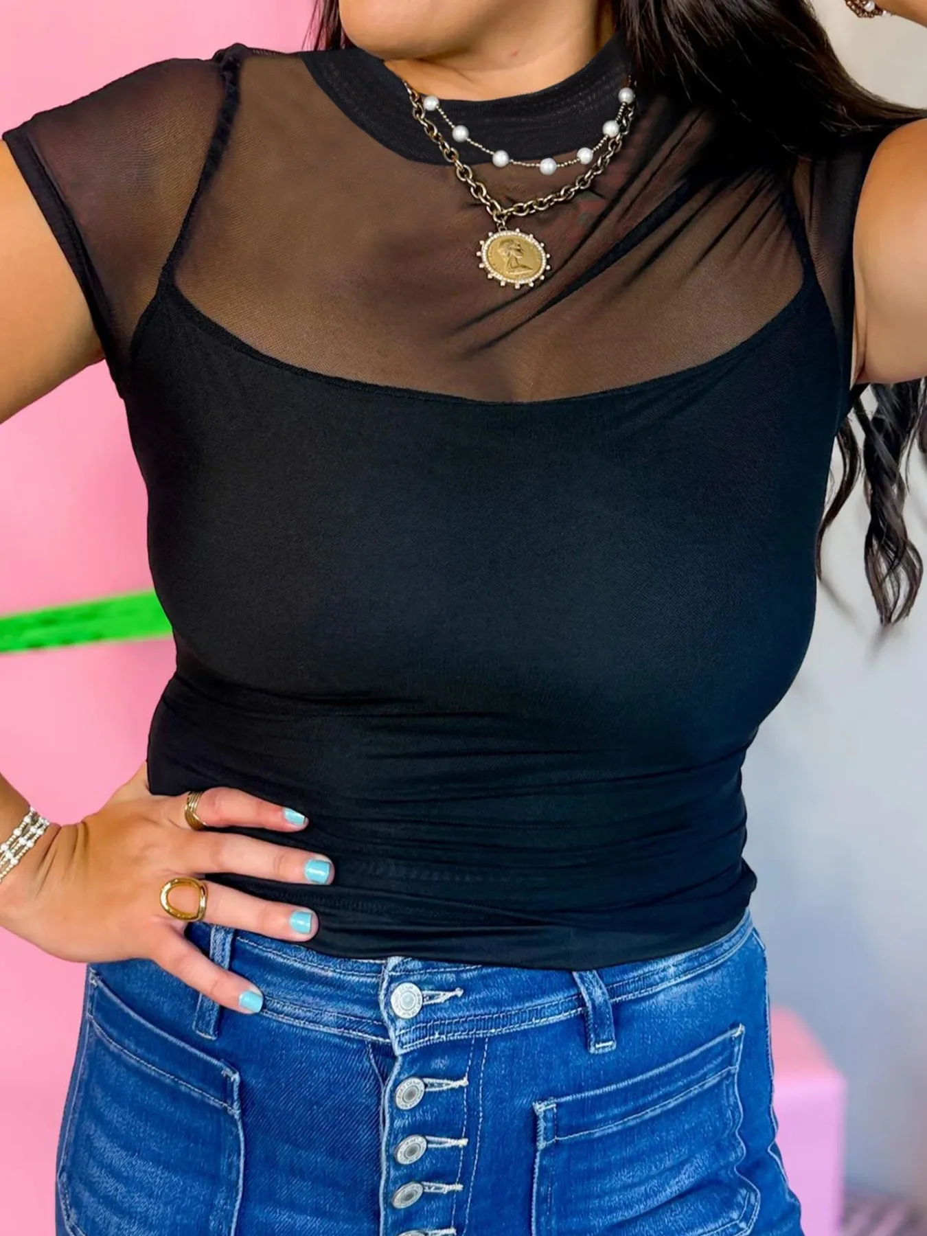 Sheer Mesh Patchwork Cap Sleeve T Shirt sold by Charming Charlie product image thumbnail 3