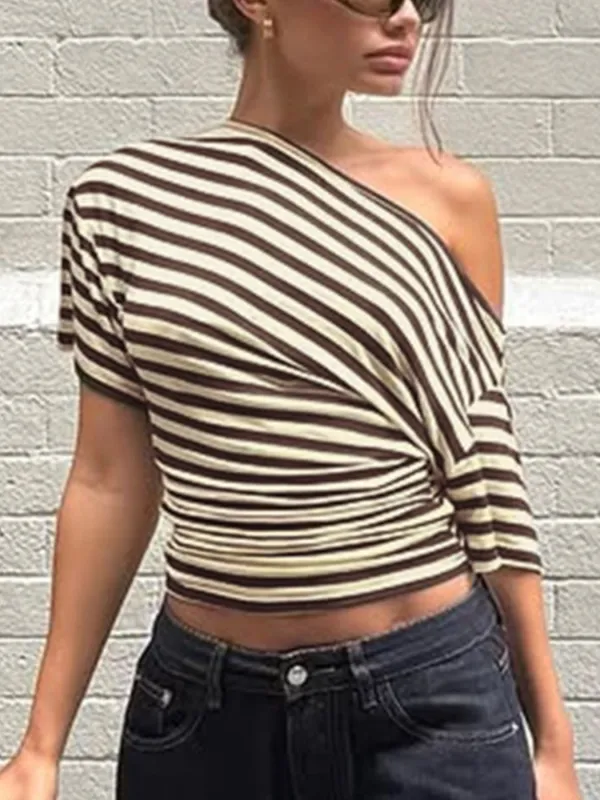 Striped One-Shoulder T-Shirt made by Trendsi