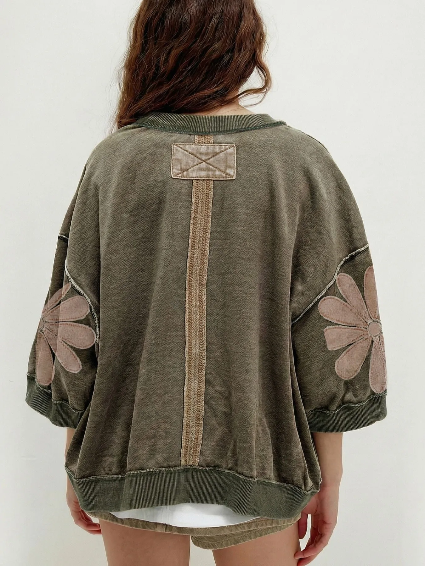 Mineral Wash Raw Seam Patchwork Flower Patched 3/4 Sleeve Loose Top sold by Charming Charlie product image thumbnail 2