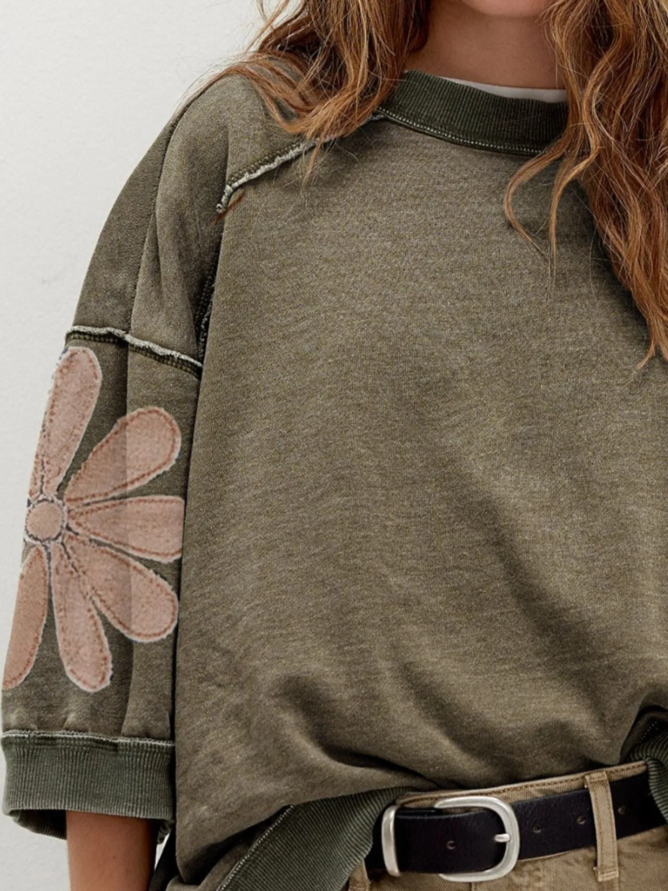 Mineral Wash Raw Seam Patchwork Flower Patched 3/4 Sleeve Loose Top sold by Charming Charlie product image thumbnail 3