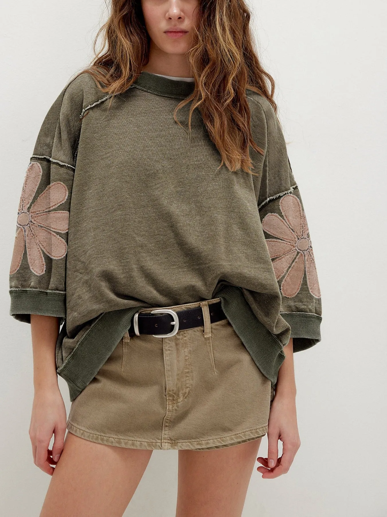 Mineral Wash Raw Seam Patchwork Flower Patched 3/4 Sleeve Loose Top sold by Charming Charlie