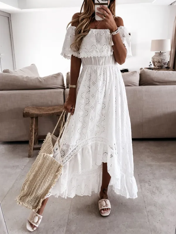 Off-Shoulder Eyelet Lace High-Low Maxi Dress made by Trendsi