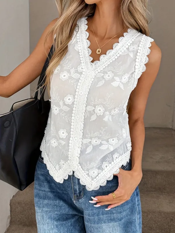 Floral Embroidered Lace Trim Tank made by Trendsi