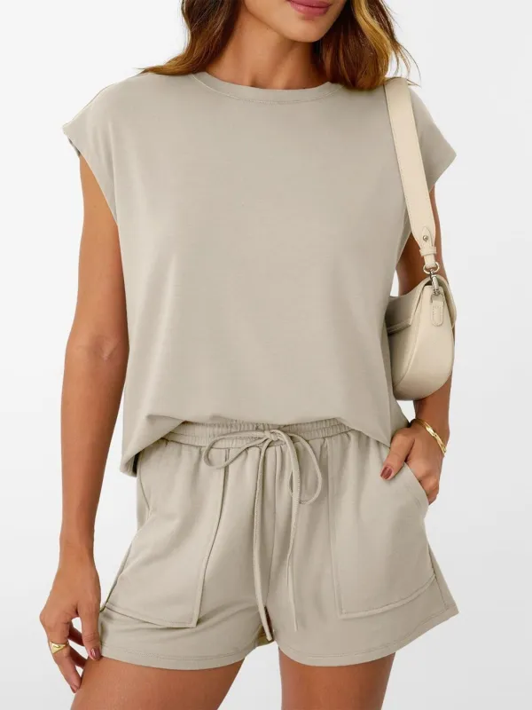 Round Neck Cap Sleeve Top and Shorts Set made by Trendsi