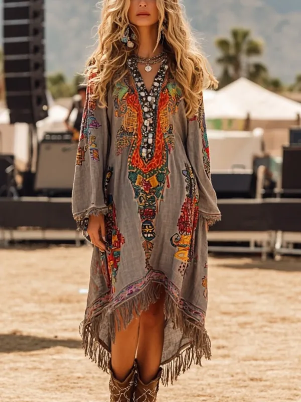 Fringe Hem Notched Long Sleeve Dress made by Trendsi