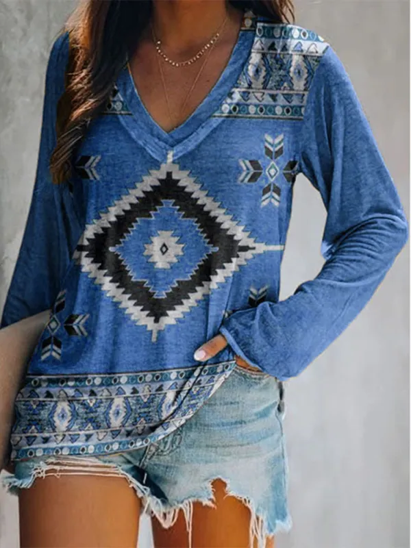 Full Size Geometric V-Neck Long Sleeve T-Shirt Plus Size made by Trendsi