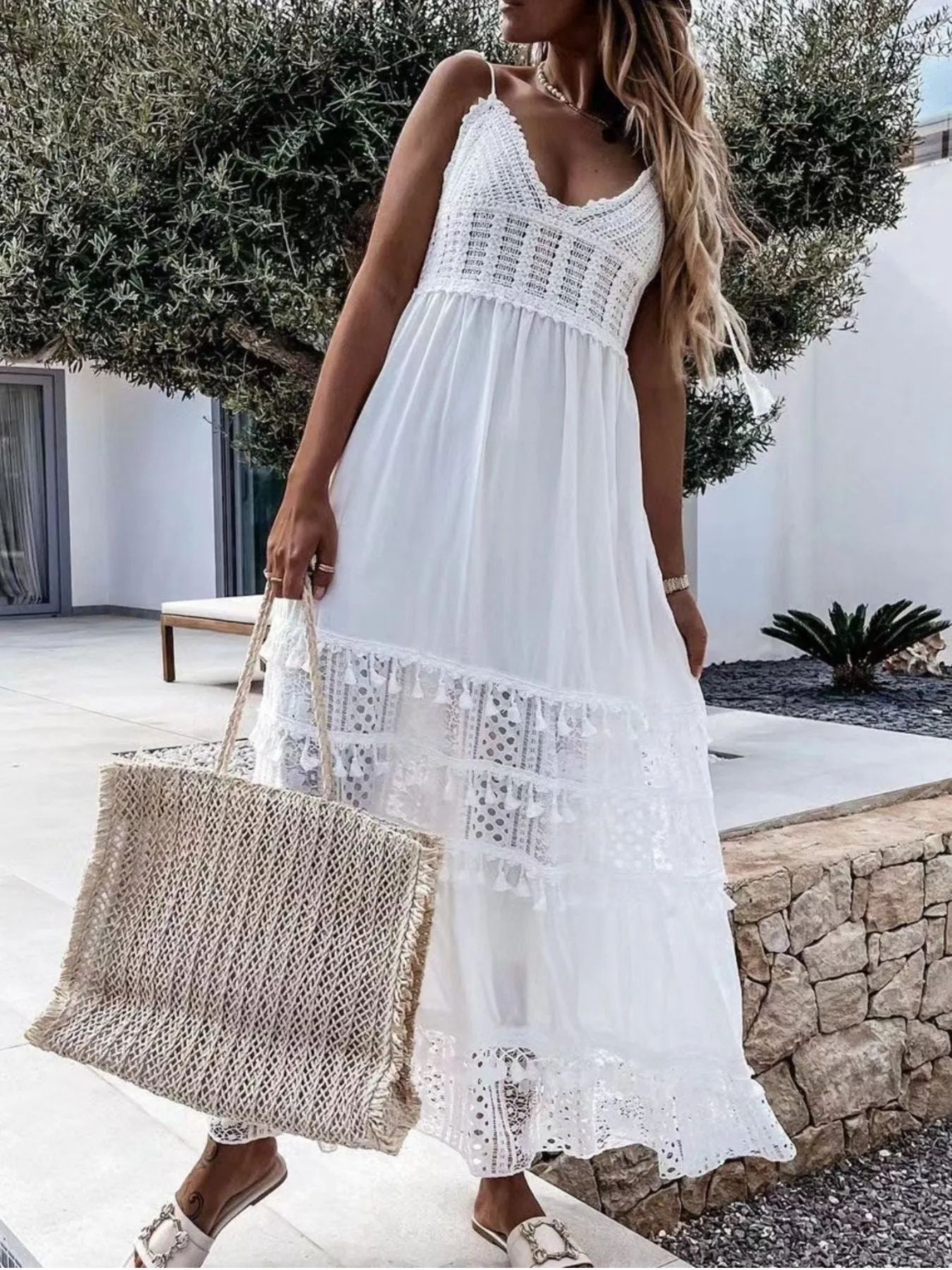 Full Size Bohemian Crochet Trimmed Cami Dress with Tassel Trim Plus Size sold by Charming Charlie product image thumbnail 5
